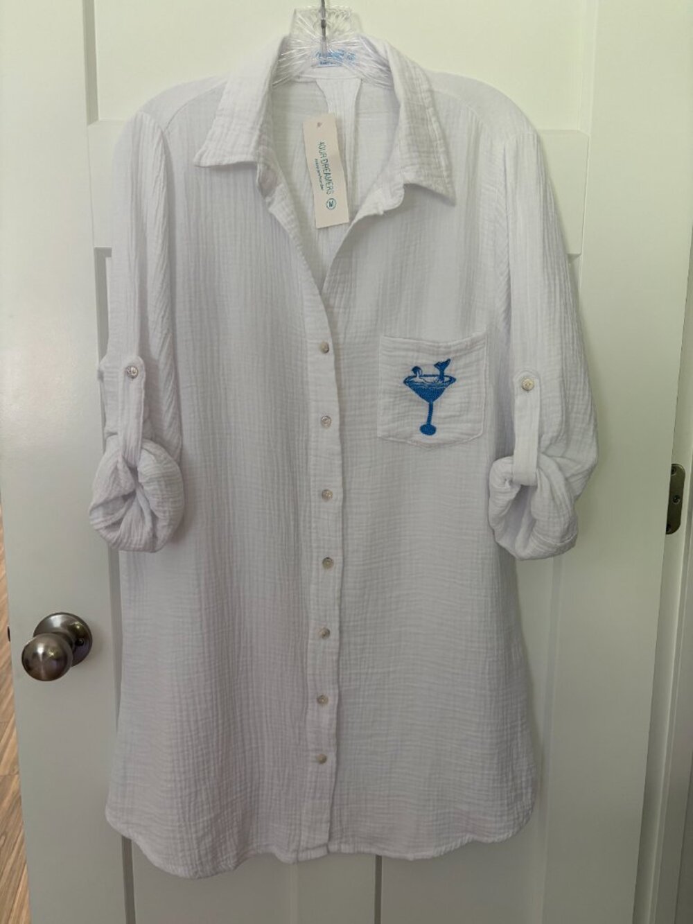 NWT White Cotton Gauze Beach Cover Up Shirt Dress Coastal Resortwear Mermaid M